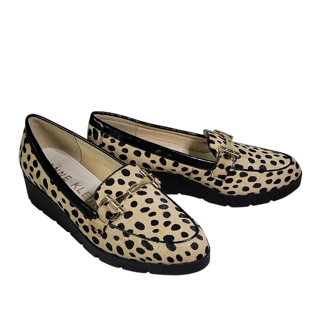 Anne Klein Lalita Cow Hair Dot Leopard Wedge Loafers Womens Size 5 NEW